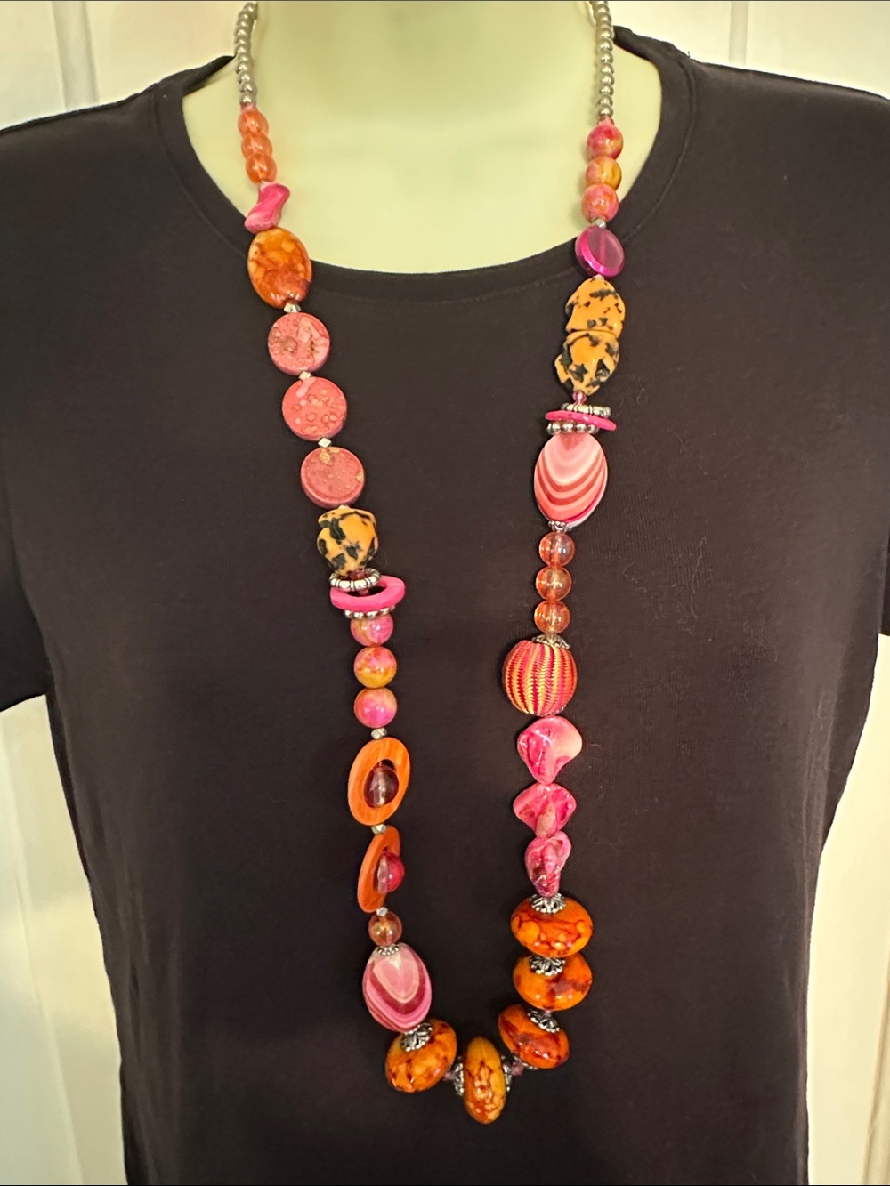 Long Multicolor Mixed Shape‎ Chunky Beaded Necklace - Pink & Orange